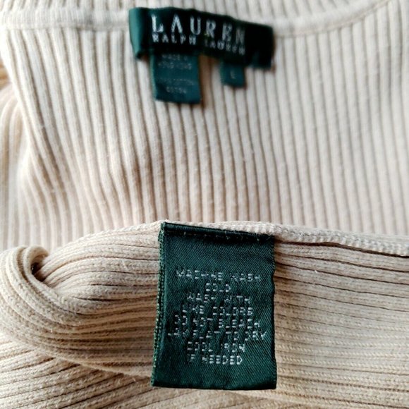 Lauren Ralph Lauren Size L Beige Turtleneck Sweater 100% Cotton Ribbed Logo - Picture 12 of 12